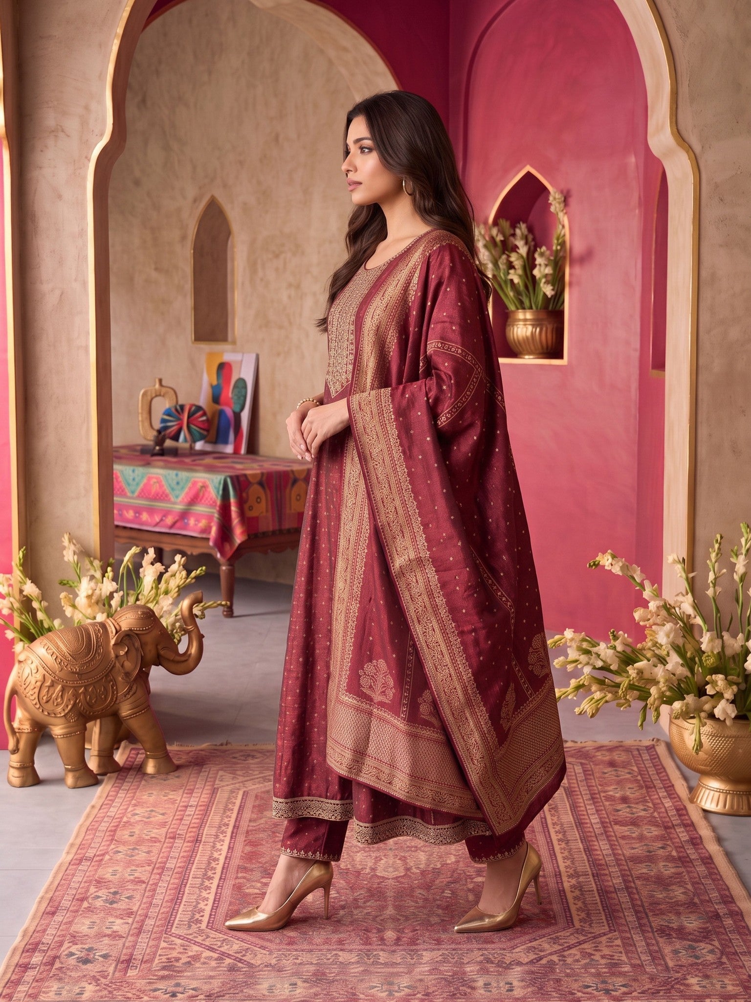 Viscose Embroidered Flared Calf Length Kurta With Pant and Dupatta