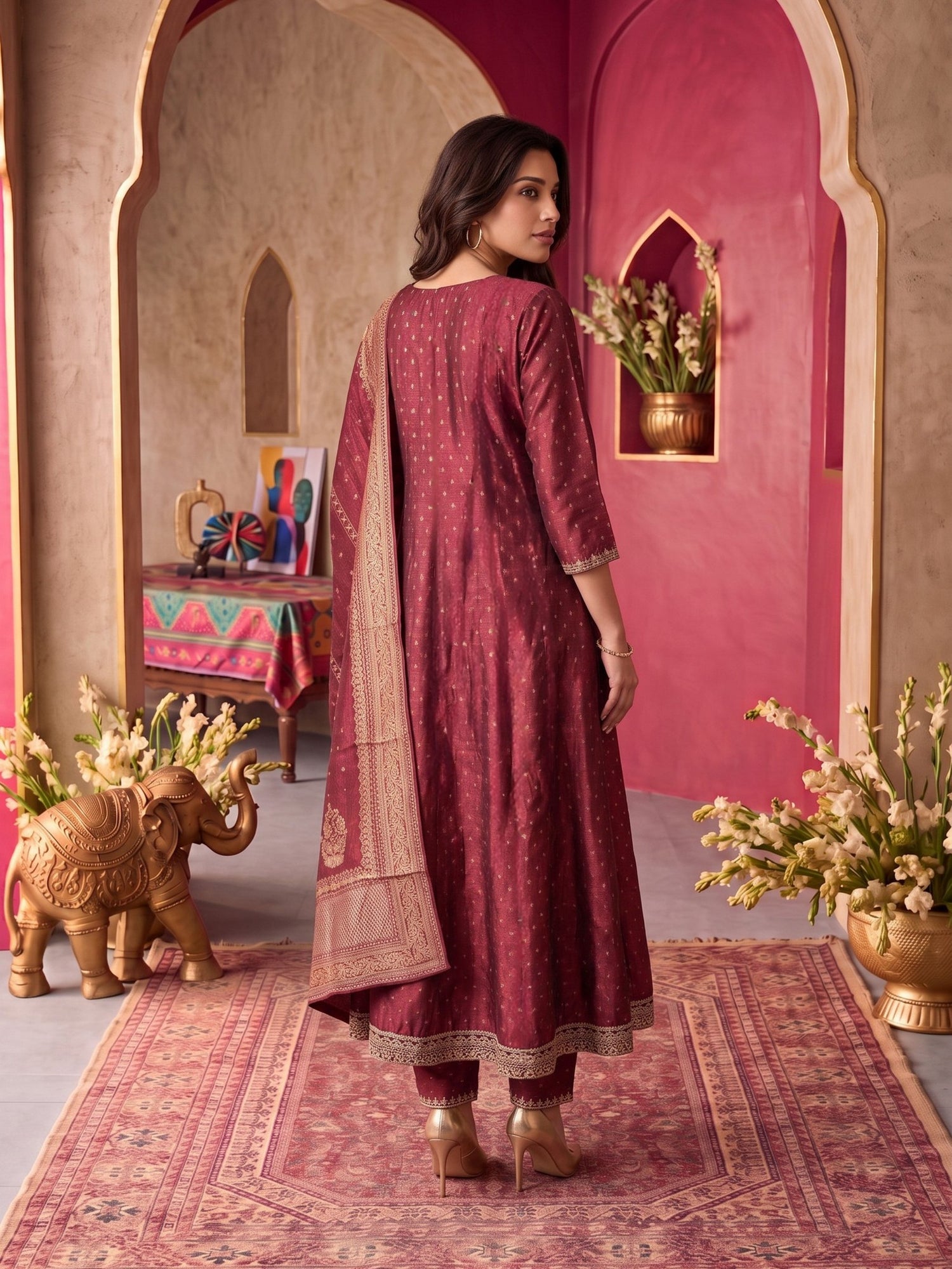 Buy Viscose Embroidered Flared Calf Length Kurta With Pant and Dupatta-Maroon