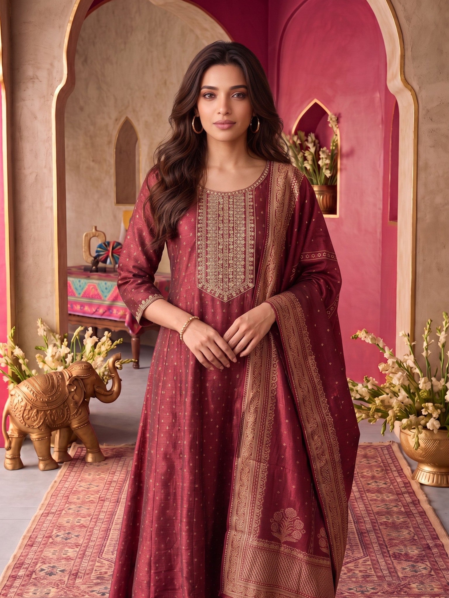 Viscose Embroidered Flared Calf Length Kurta With Pant and Dupatta