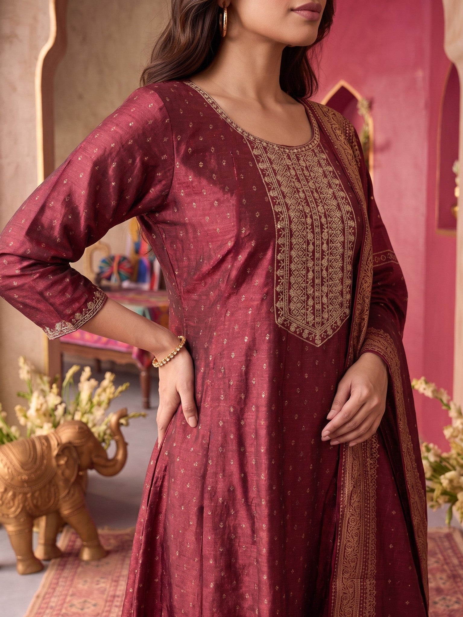 Viscose Embroidered Flared Calf Length Kurta With Pant and Dupatta