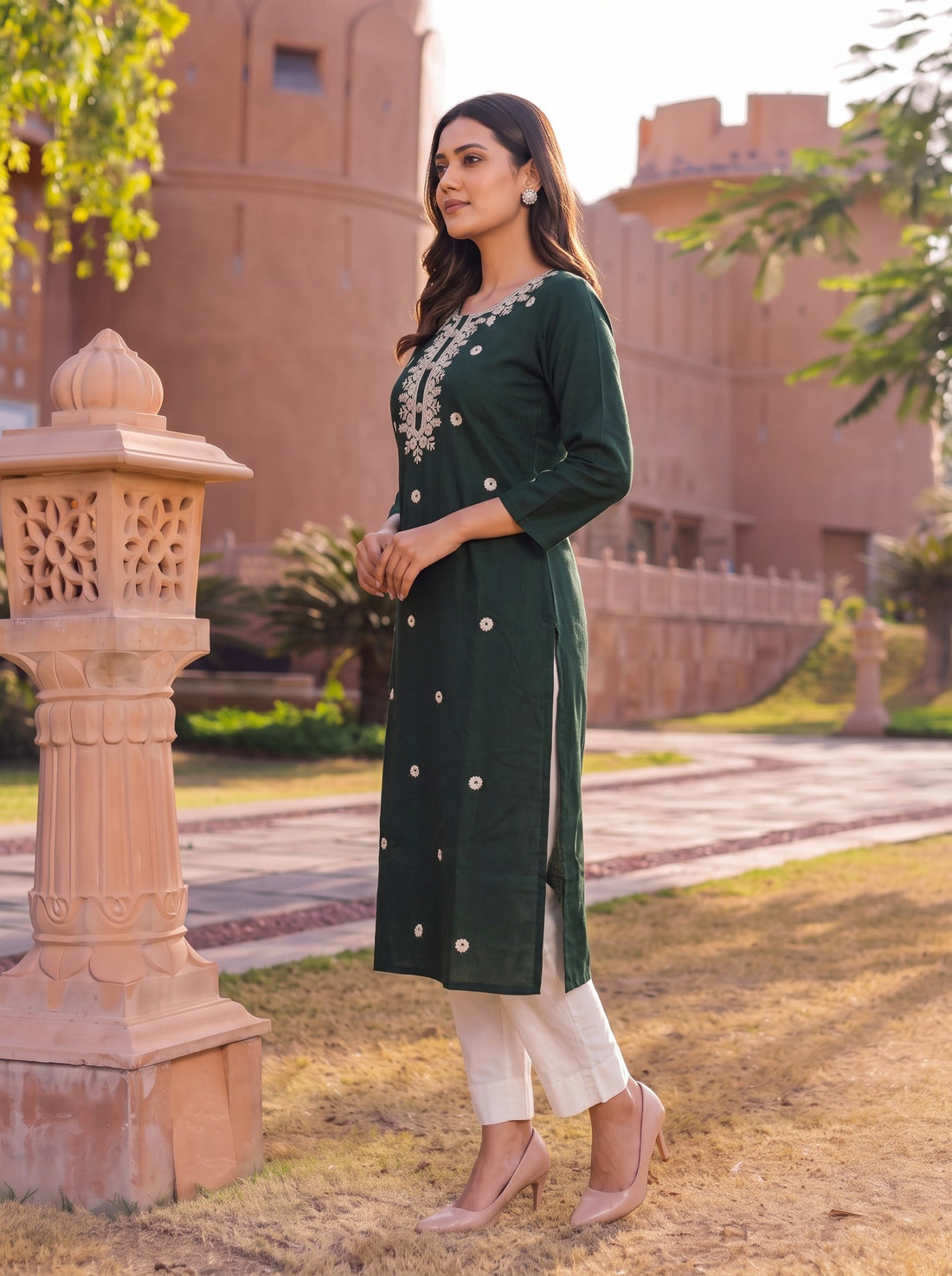Buy Rayon Embroidered Straight Calf Length Kurta-Green