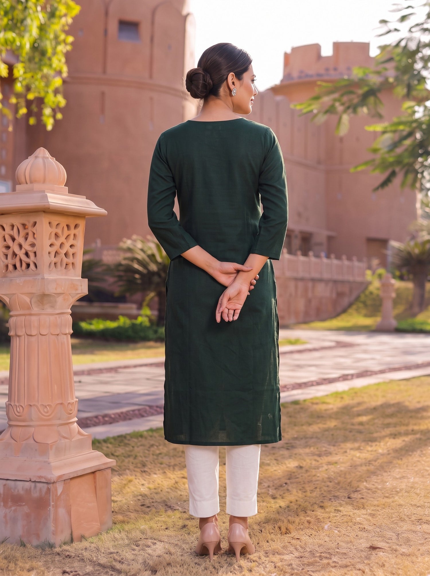 Buy Rayon Embroidered Straight Calf Length Kurta-Dark Green