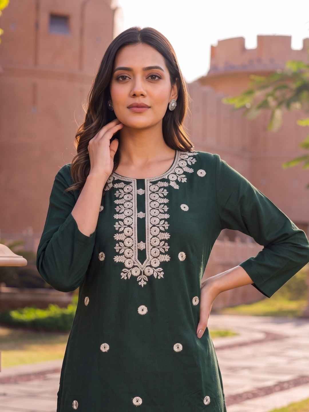 Buy Rayon Embroidered Straight Calf Length Kurta-Dark Green