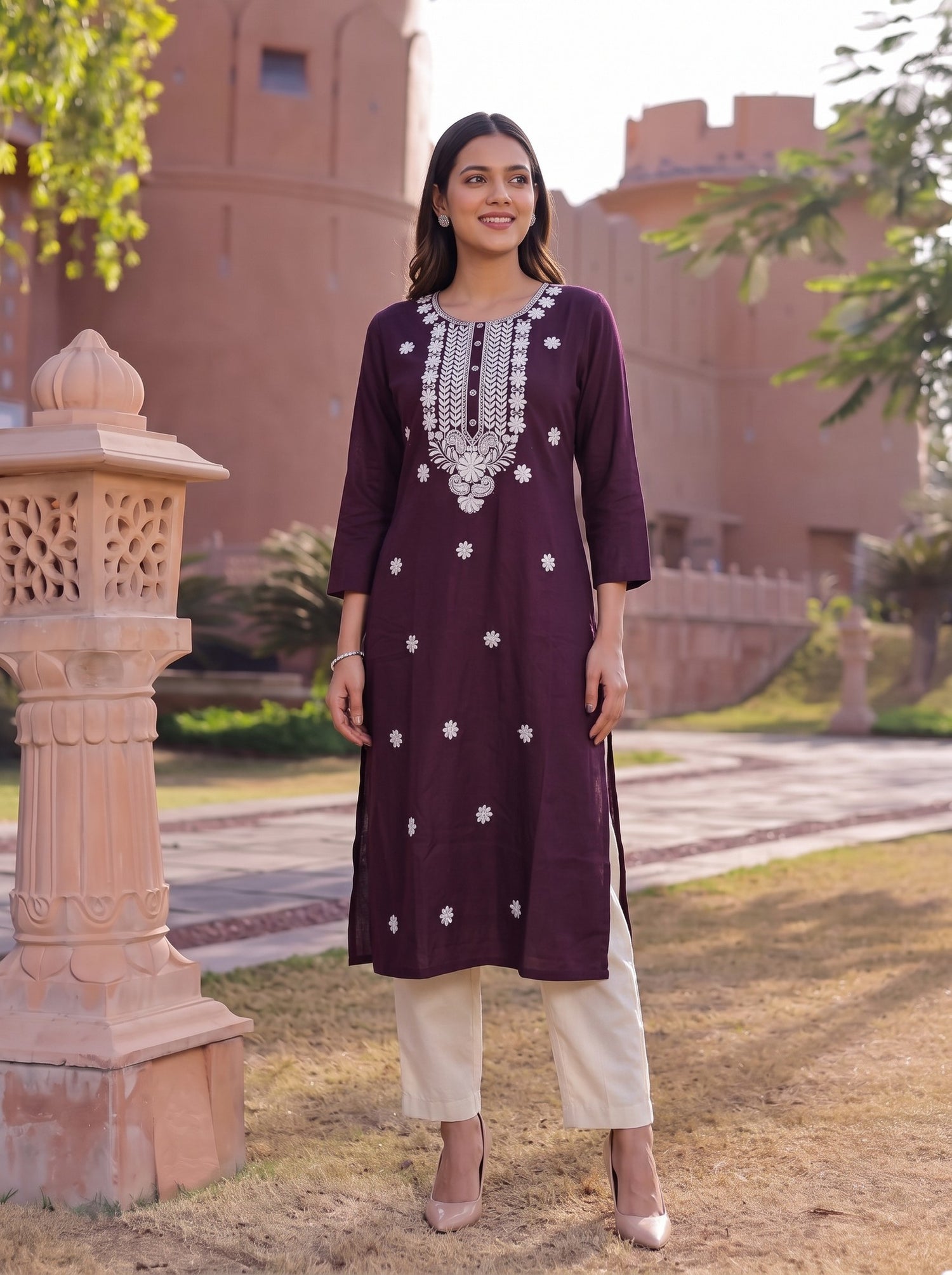 Buy Rayon Embroidered Straight Calf Length Kurta-Wine
