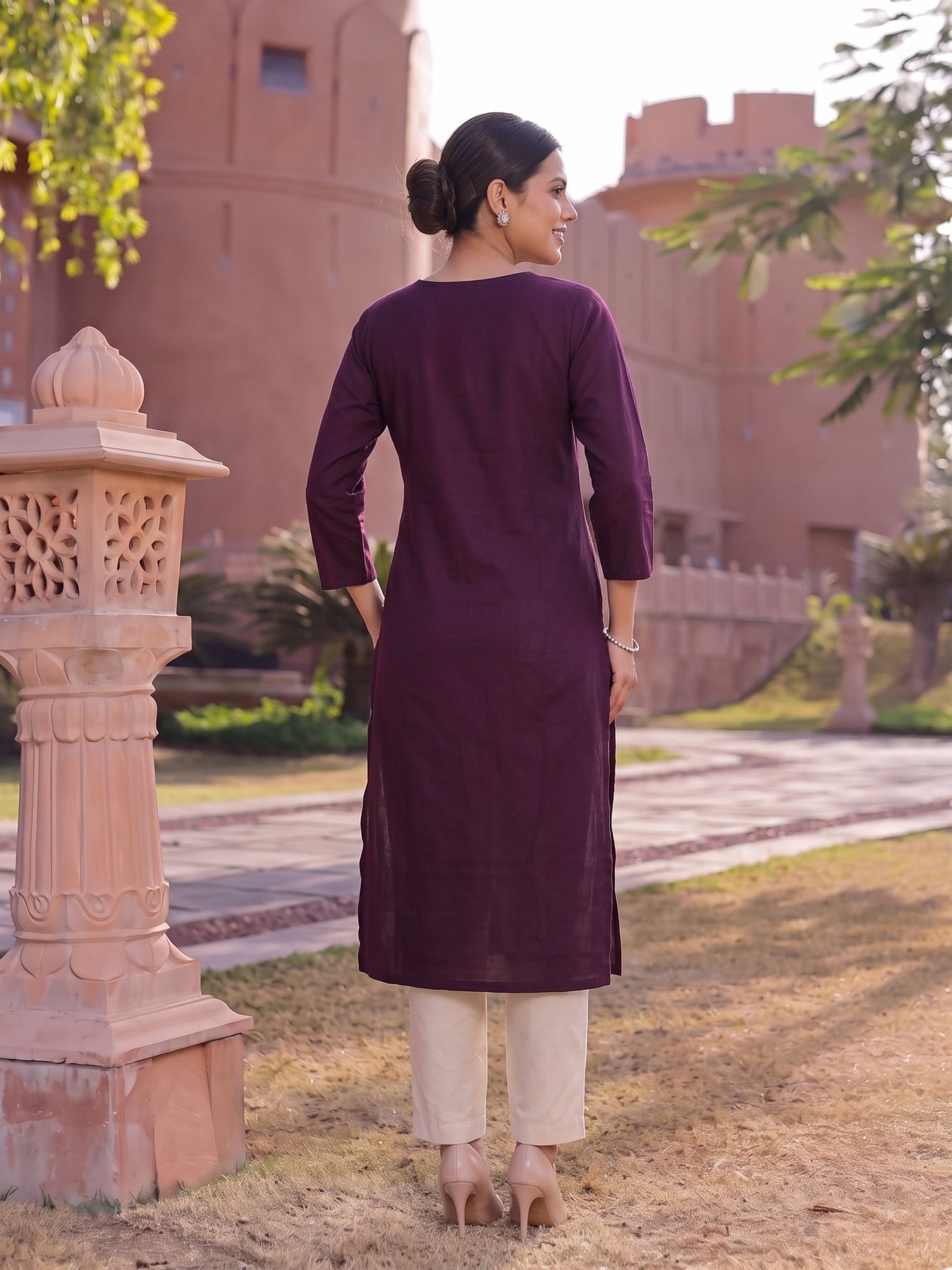 Buy Rayon Embroidered Straight Calf Length Kurta-Wine