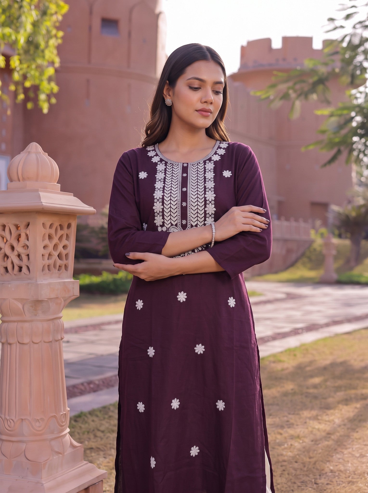 Rayon Embroidered Straight Calf Length Kurta