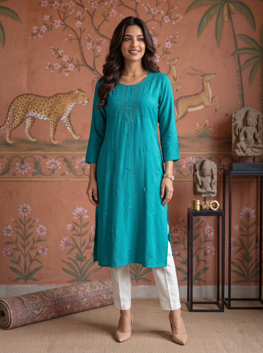 Buy Rayon Embroidered Straight Calf Length Kurta-Teal