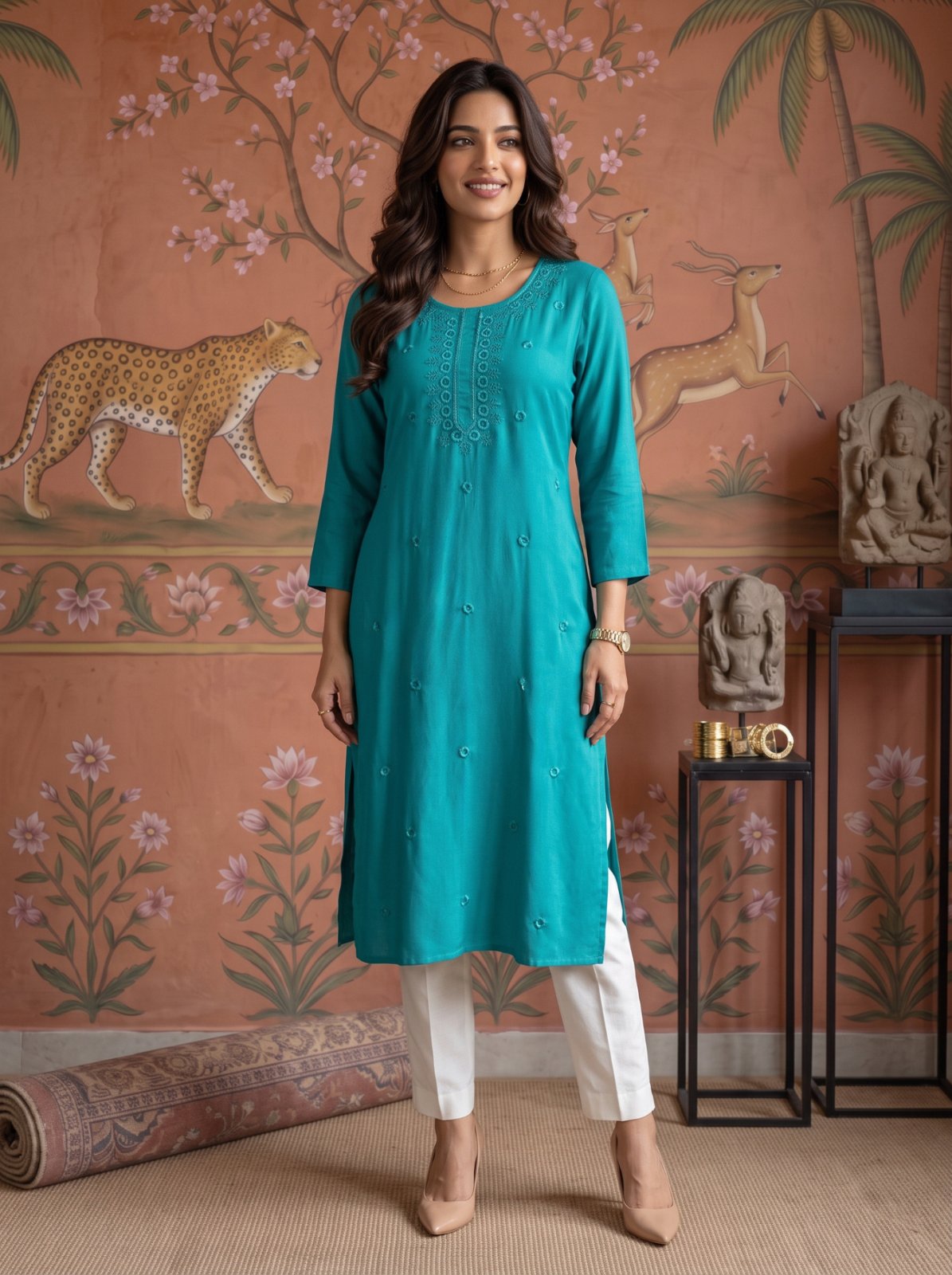 Buy Rayon Embroidered Straight Calf Length Kurta-Teal