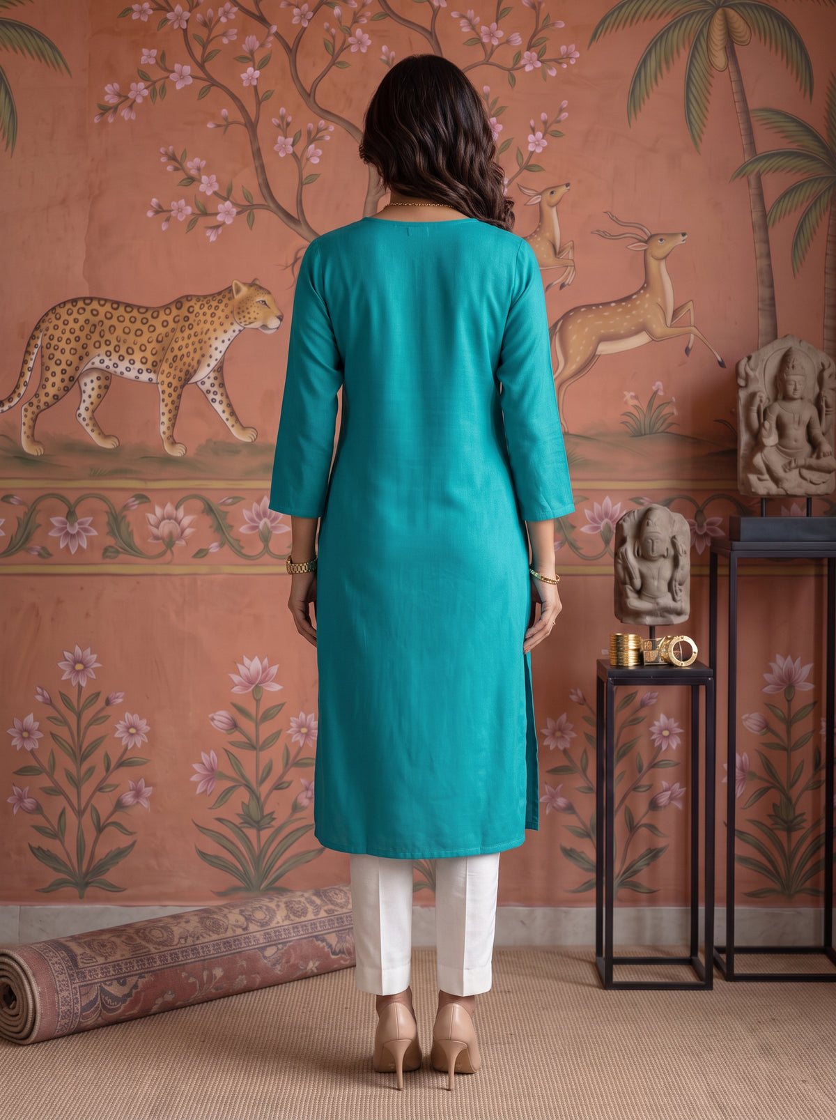 Buy Rayon Embroidered Straight Calf Length Kurta-Teal