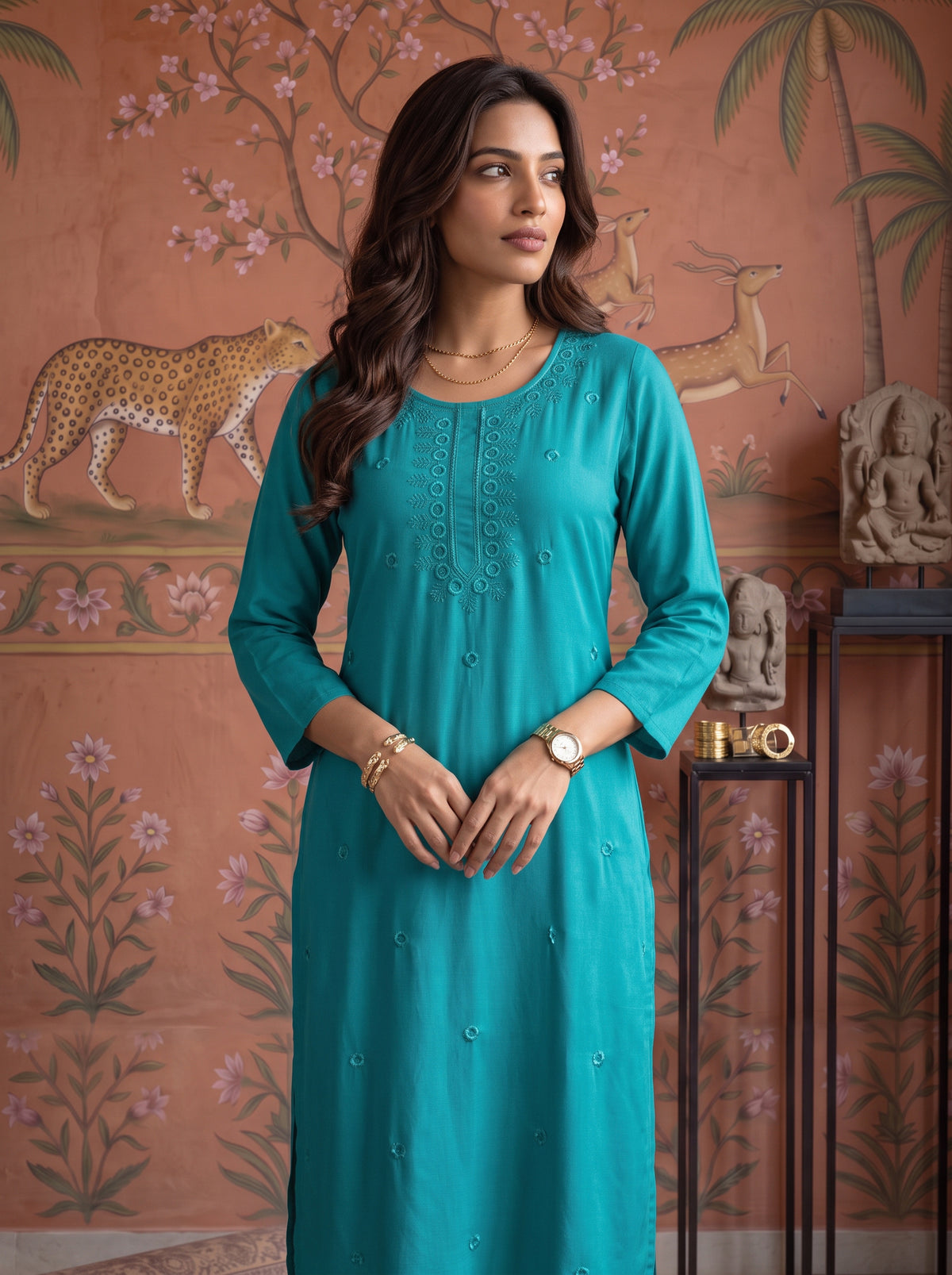 Rayon Embroidered Straight Calf Length Kurta