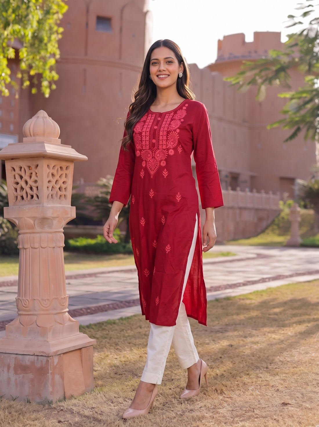 Buy Rayon Embroidered Straight Calf Length Kurta-Red