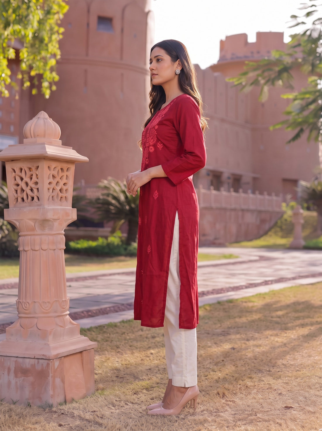 Buy Rayon Embroidered Straight Calf Length Kurta-Red