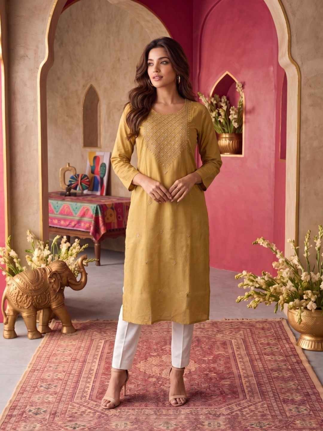 Buy Rayon Embroidered Straight Calf Length Kurta-Beige