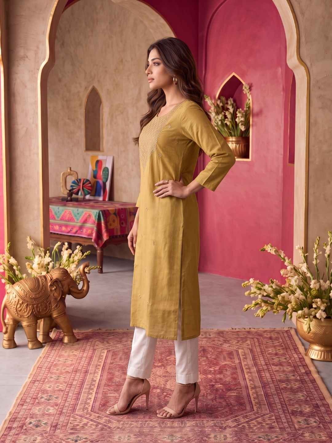 Buy Rayon Embroidered Straight Calf Length Kurta-Beige