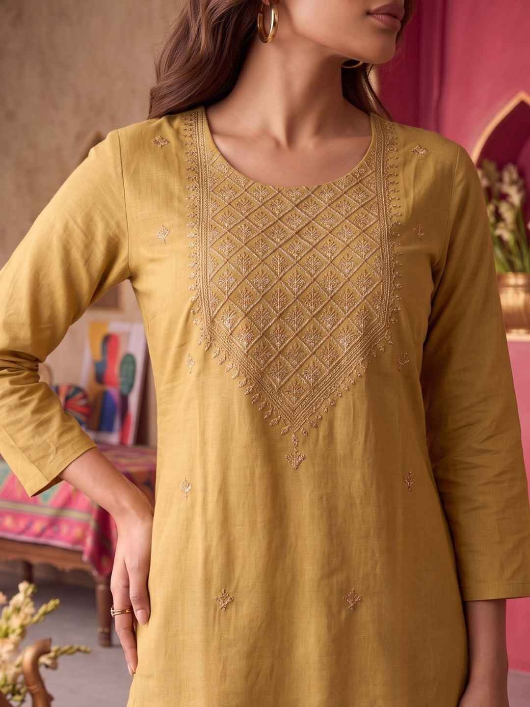 Buy Rayon Embroidered Straight Calf Length Kurta-Beige