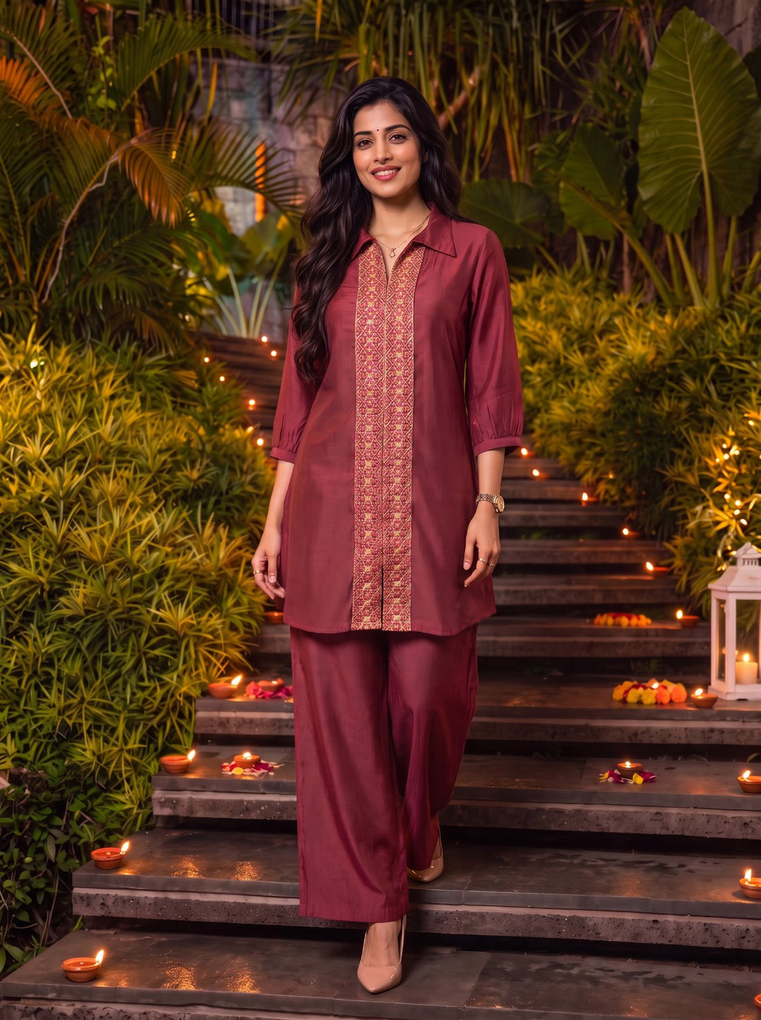 Buy Viscose Embroidered Straight Co-Ord Set-Mauve