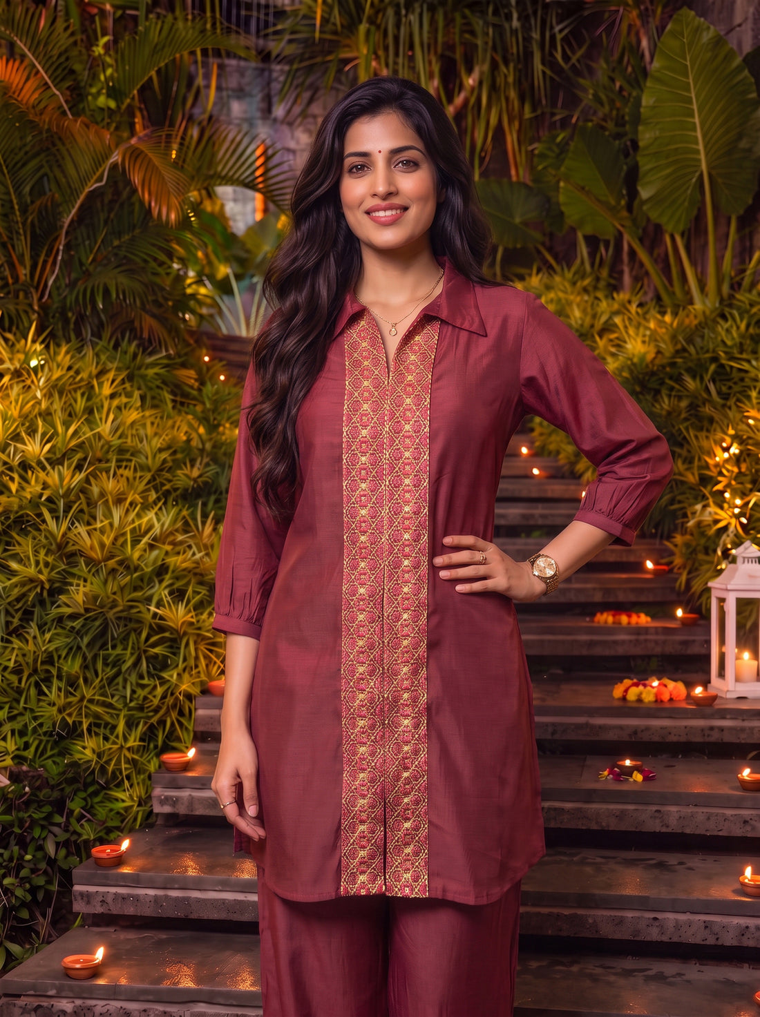 Buy Viscose Embroidered Straight Co-Ord Set-Mauve