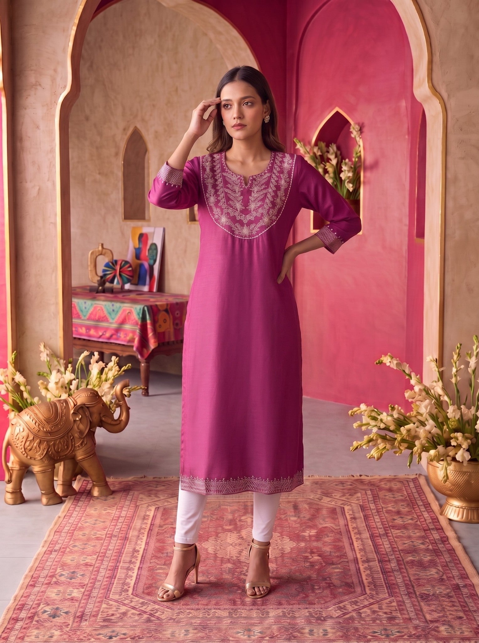 Rayon Embroidered Straight Calf Length Kurta