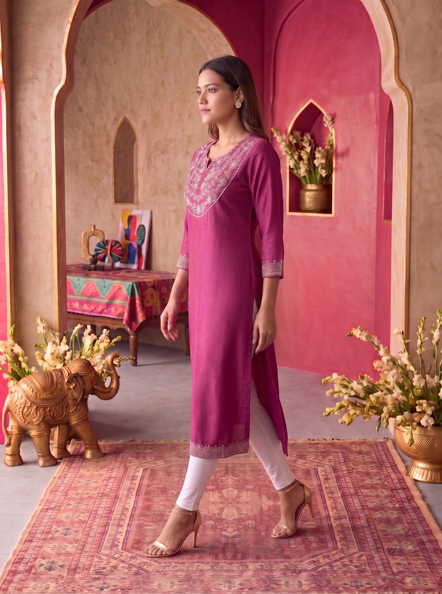 Buy Rayon Embroidered Straight Calf Length Kurta-Pink