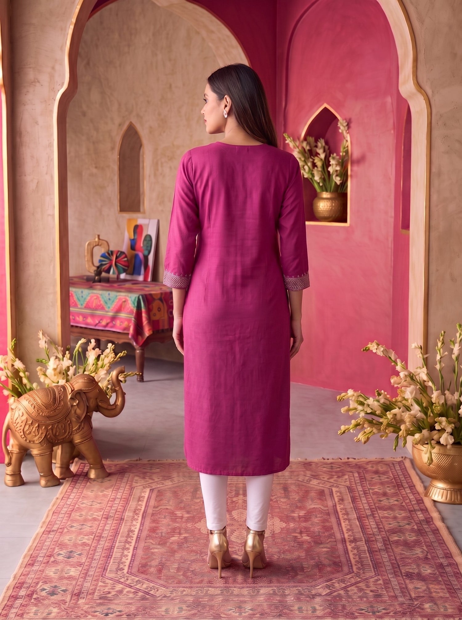 Buy Rayon Embroidered Straight Calf Length Kurta-Pink
