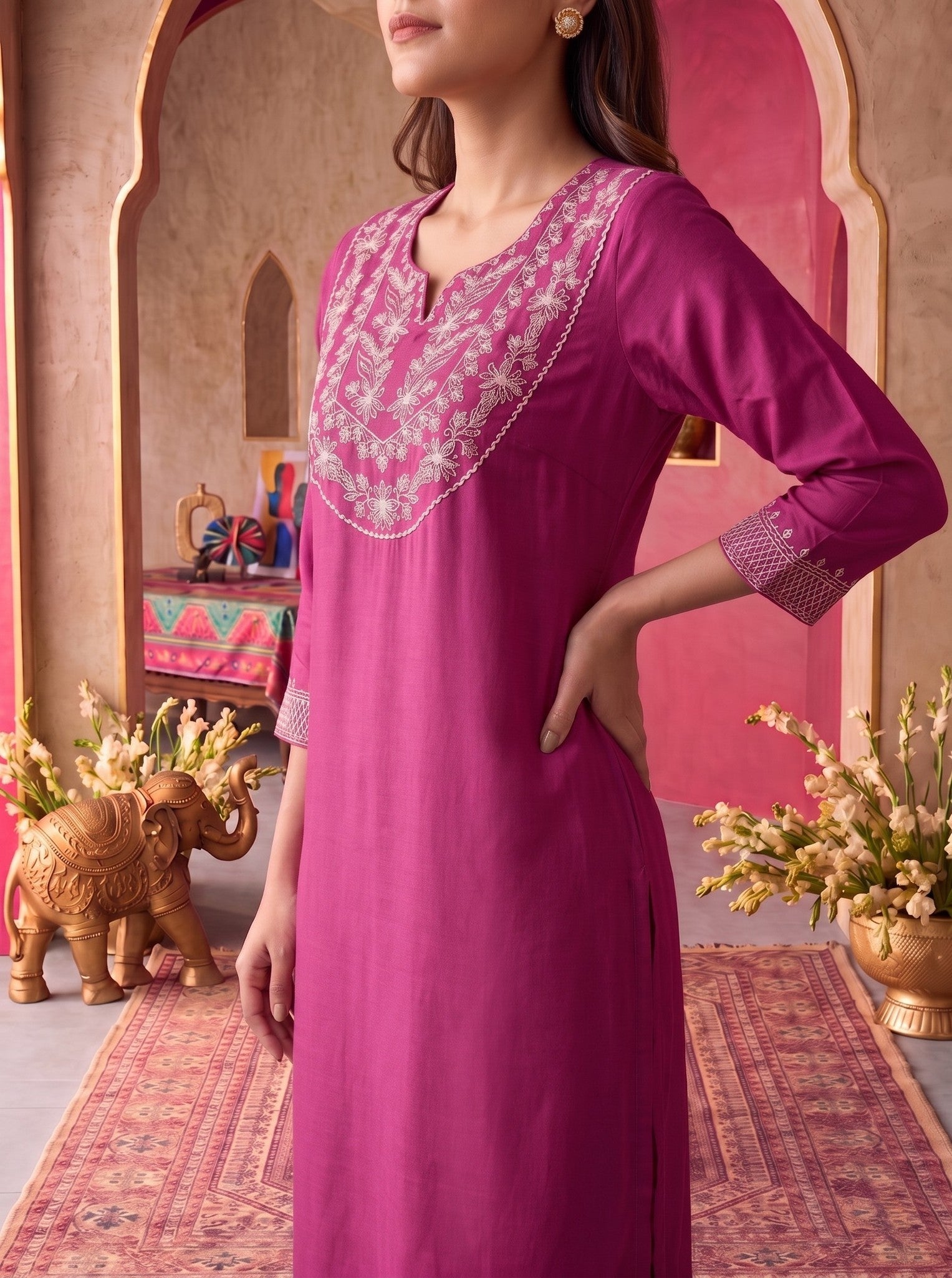 Rayon Embroidered Straight Calf Length Kurta