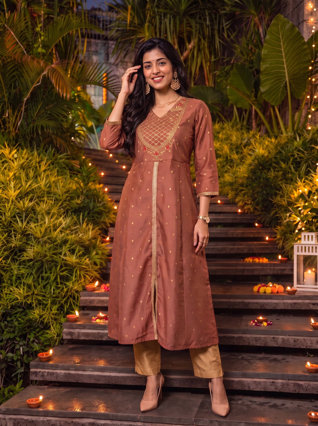 Buy Viscose Embroidered Flared Calf Length Kurta-Pink