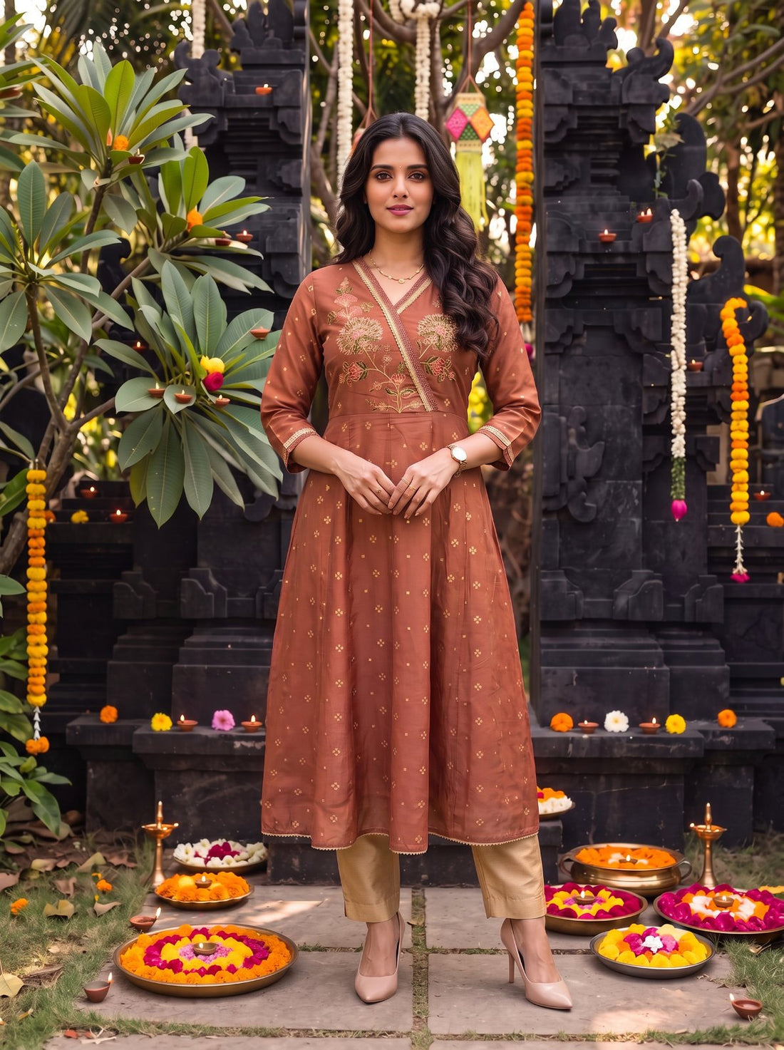 Buy Viscose Embroidered Flared Calf Length Kurta-Pink