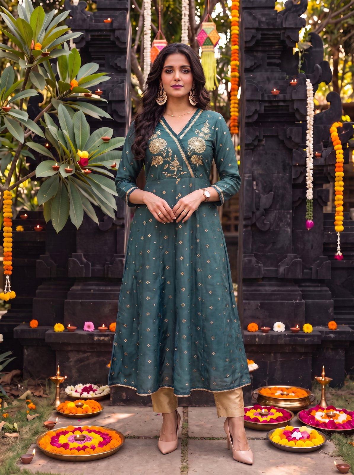 Viscose Embroidered Flared Calf Length Kurta