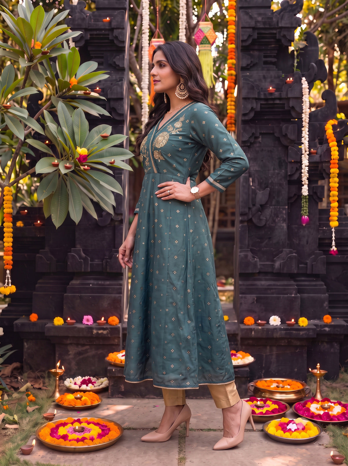 Viscose Embroidered Flared Calf Length Kurta