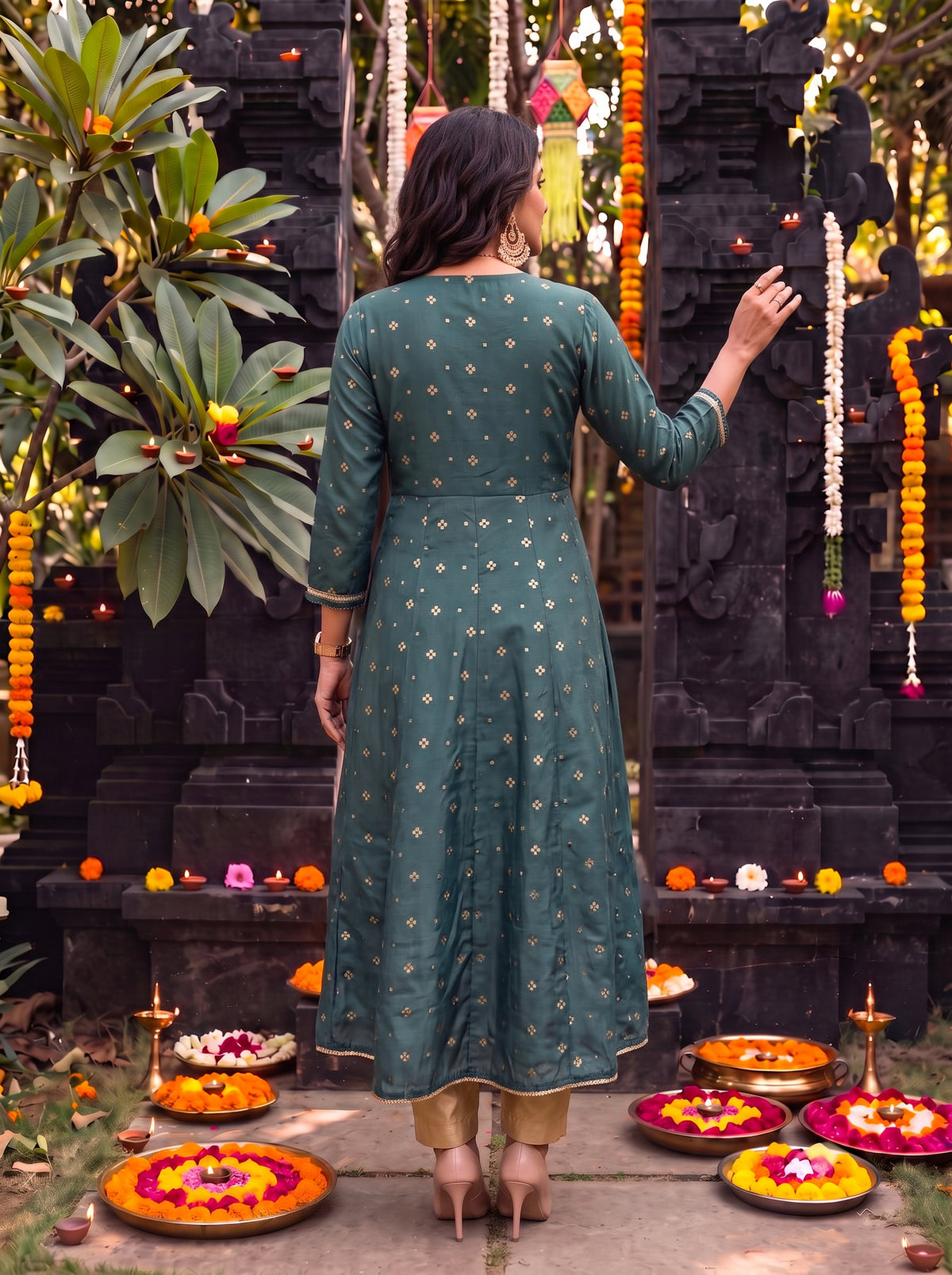 Buy Viscose Embroidered Flared Calf Length Kurta-Green