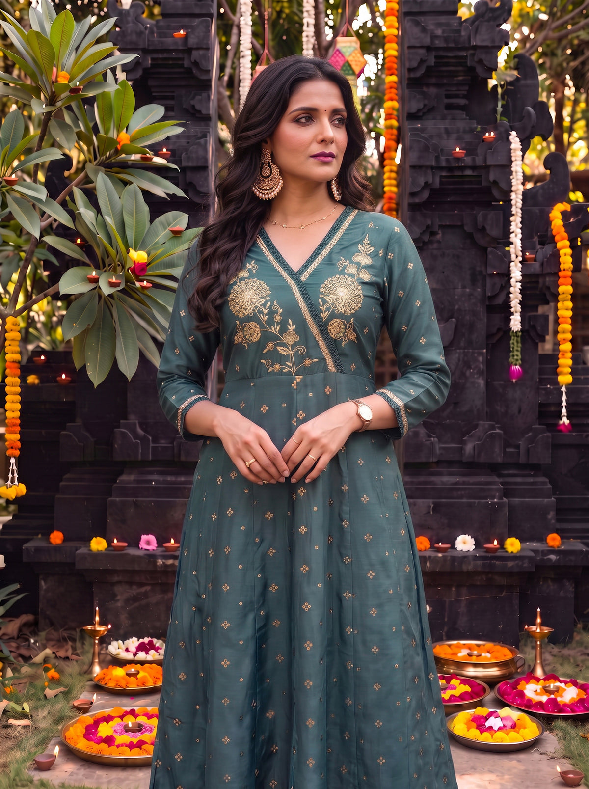 Viscose Embroidered Flared Calf Length Kurta