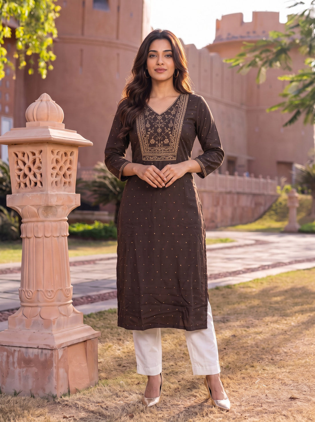 Buy Rayon Embroidered Straight Calf Length Kurta-Brown
