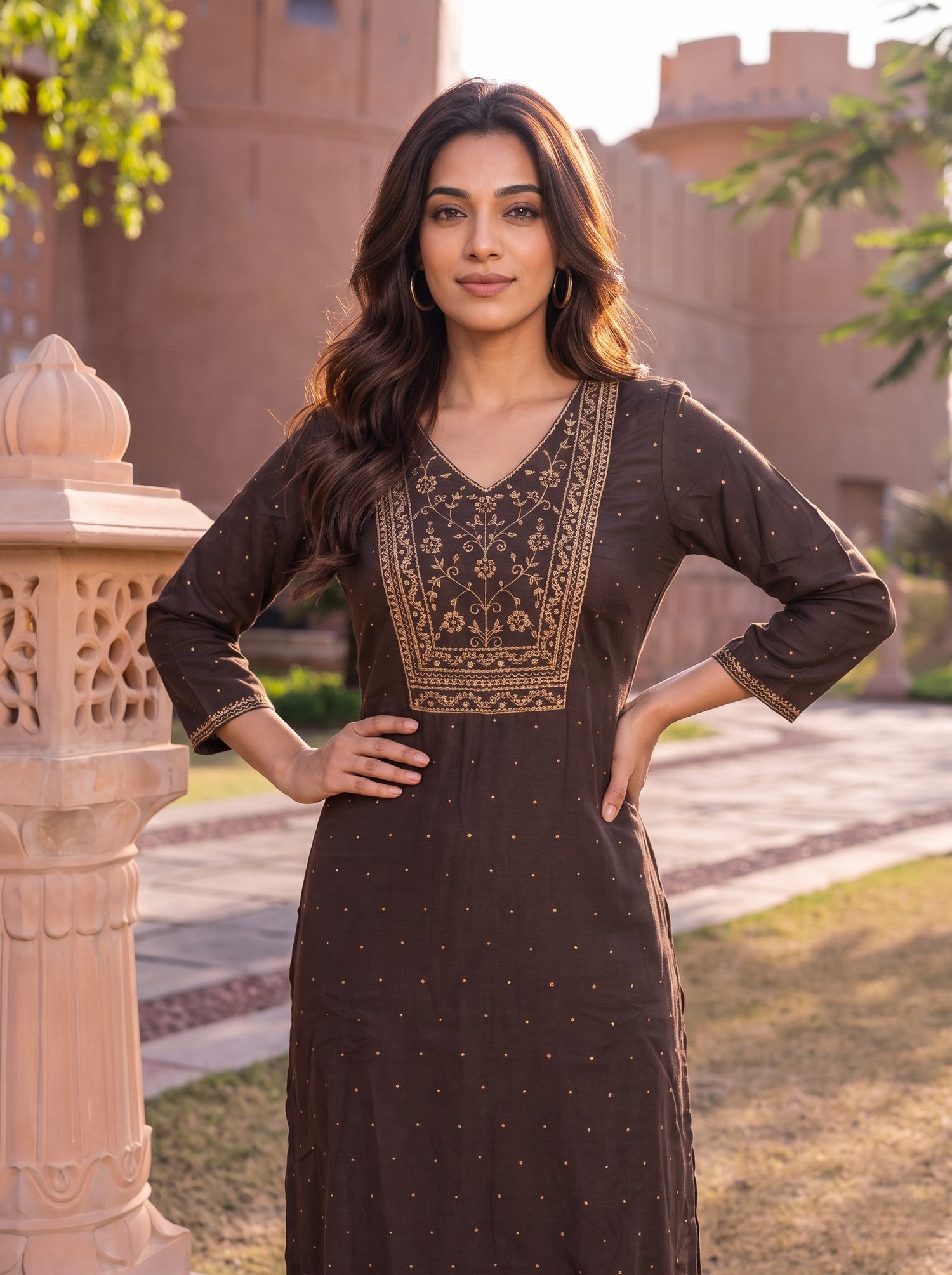 Buy Rayon Embroidered Straight Calf Length Kurta-Brown