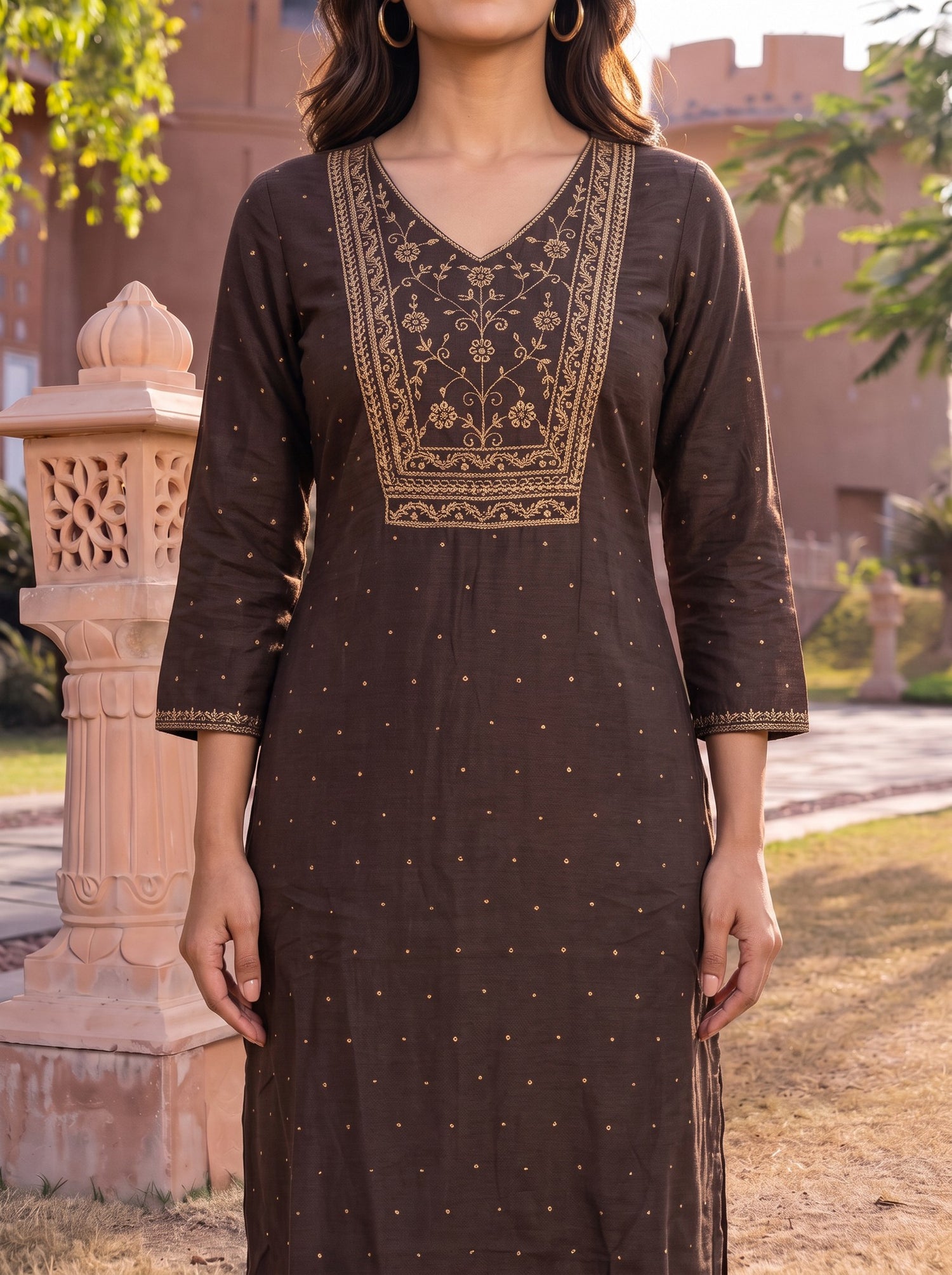 Buy Rayon Embroidered Straight Calf Length Kurta-Brown