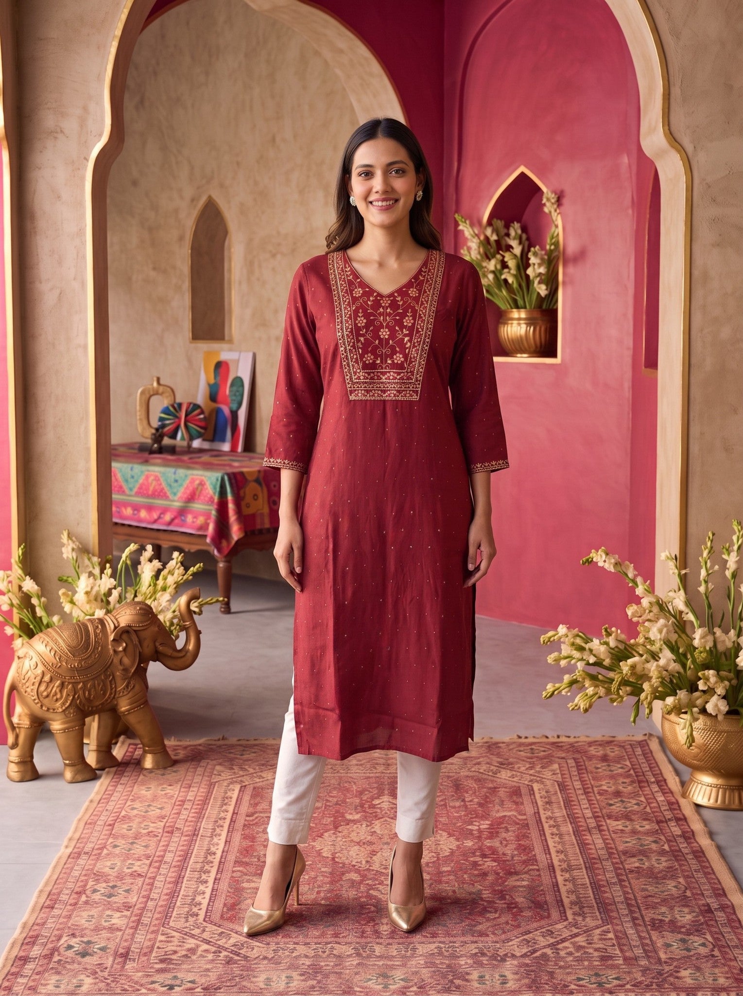 Rayon Embroidered Straight Calf Length Kurta