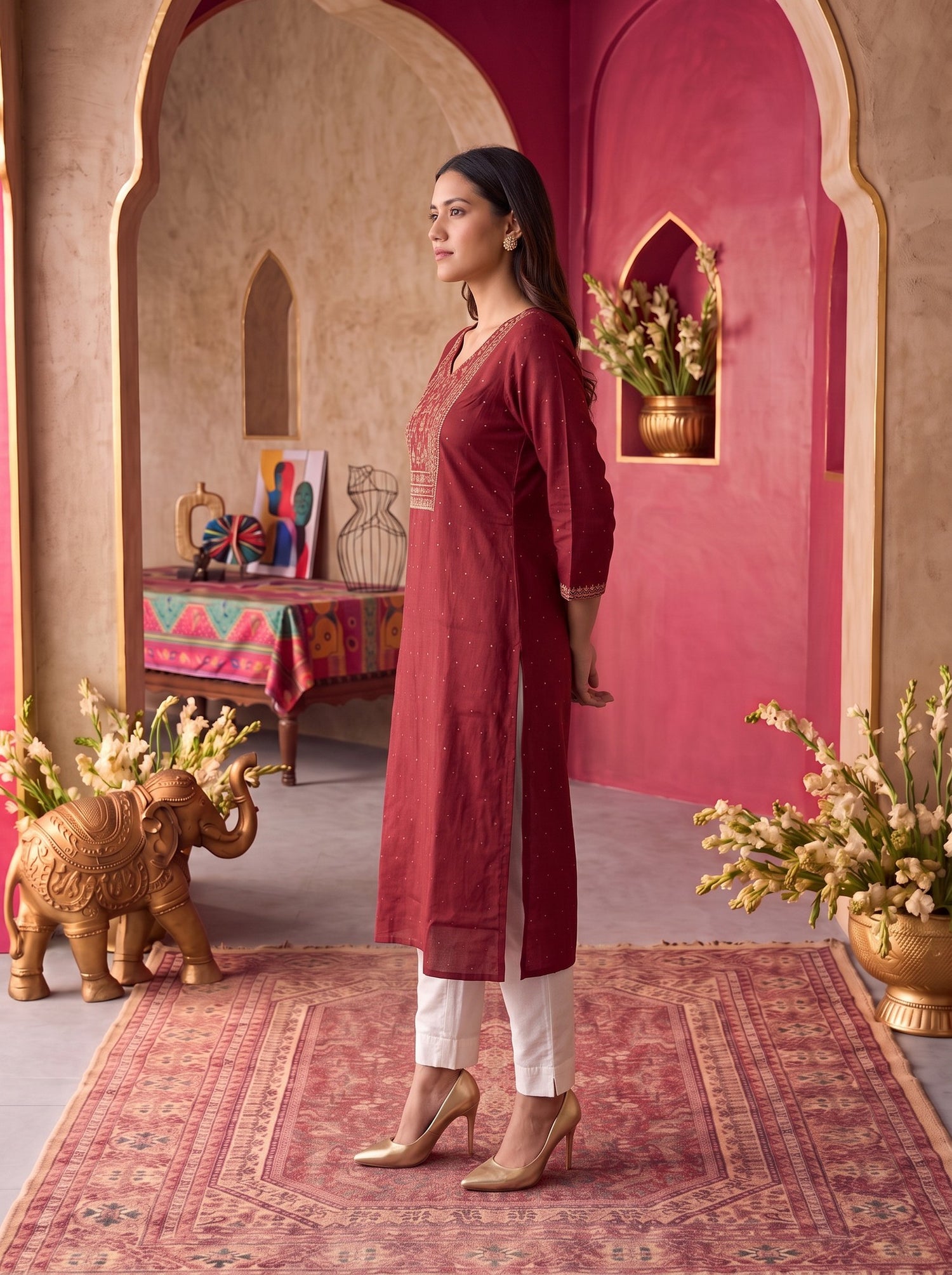 Buy Rayon Embroidered Straight Calf Length Kurta-Rust