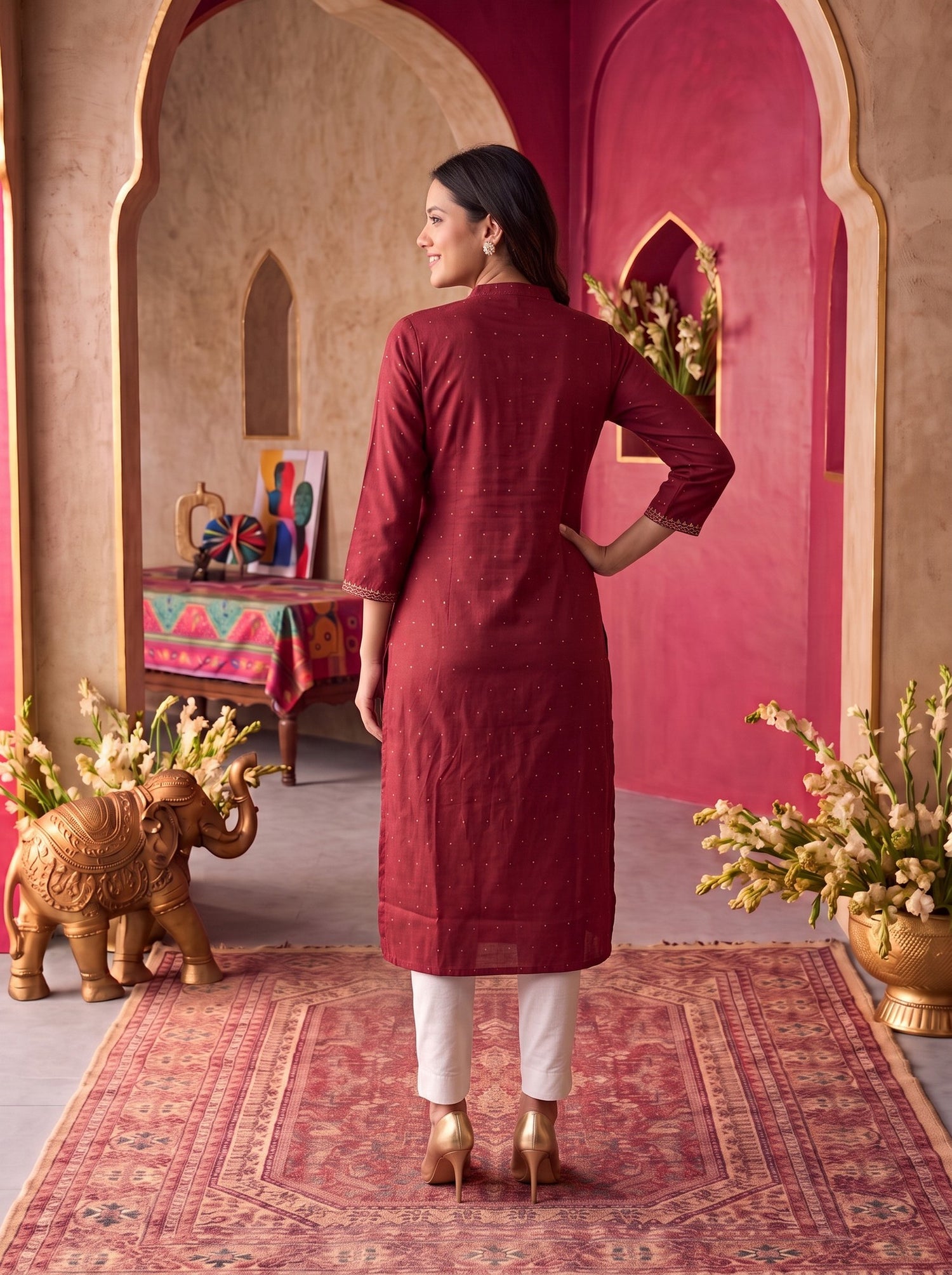 Buy Rayon Embroidered Straight Calf Length Kurta-Rust