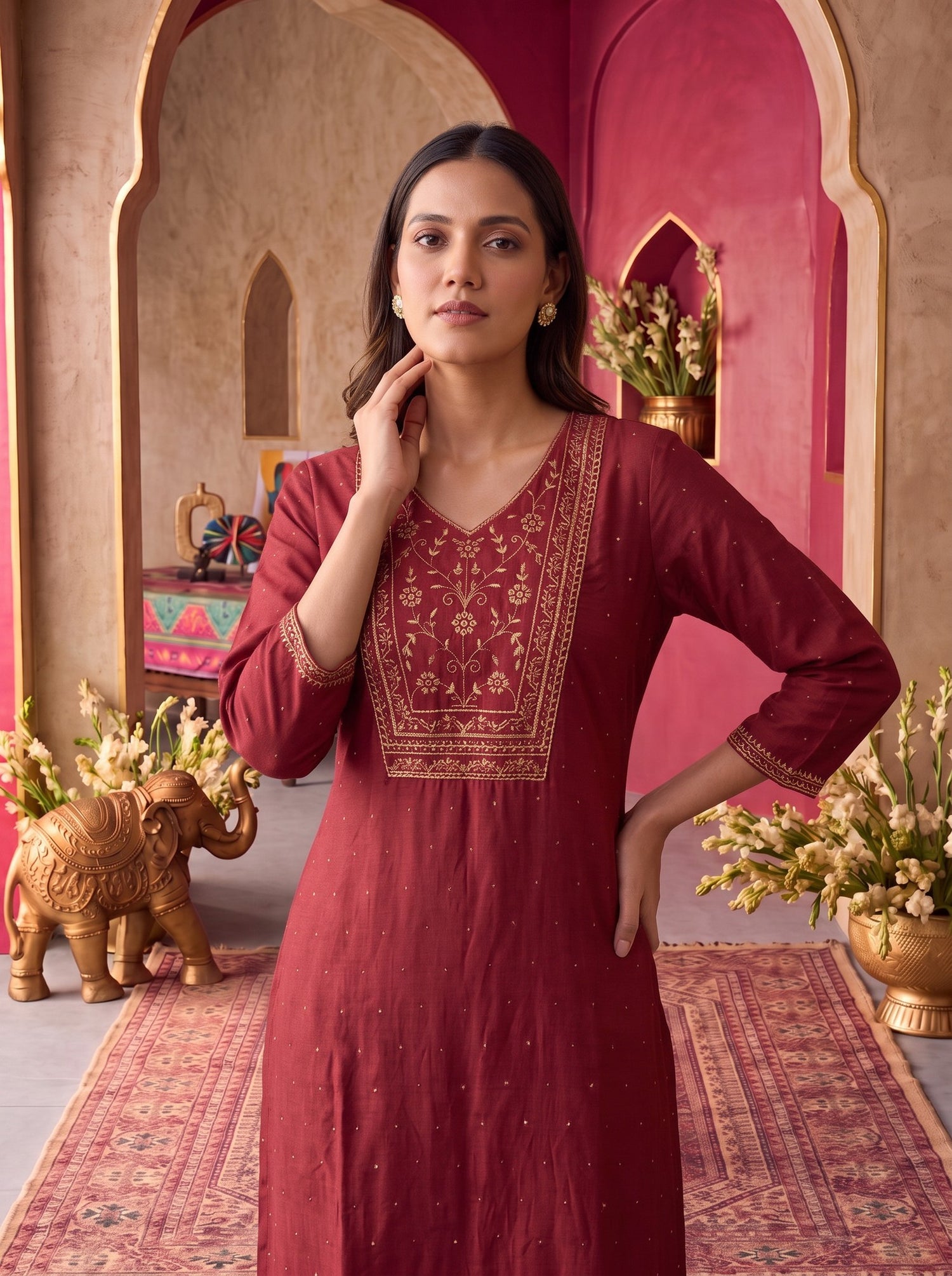 Buy Rayon Embroidered Straight Calf Length Kurta-Rust