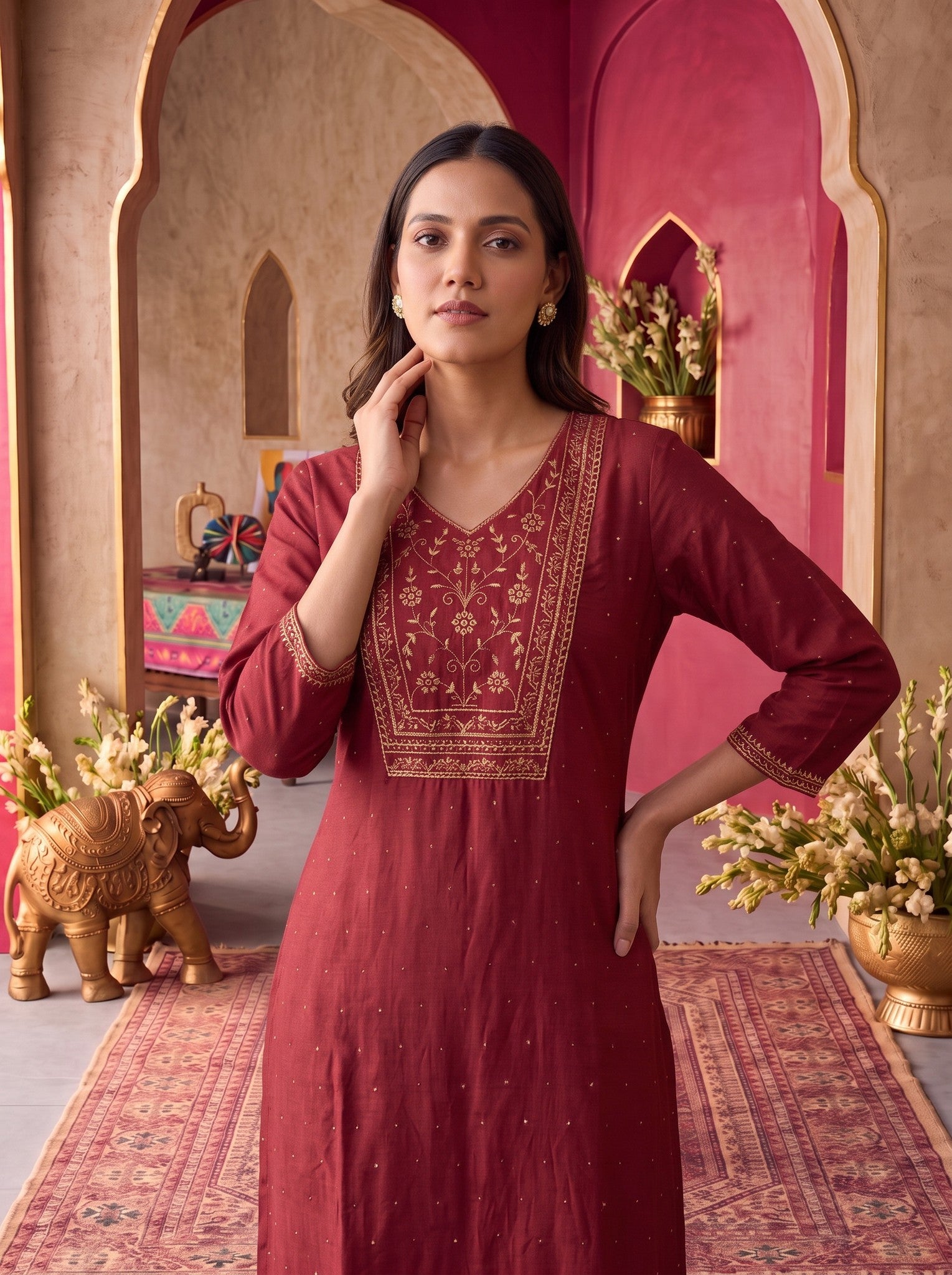 Rayon Embroidered Straight Calf Length Kurta