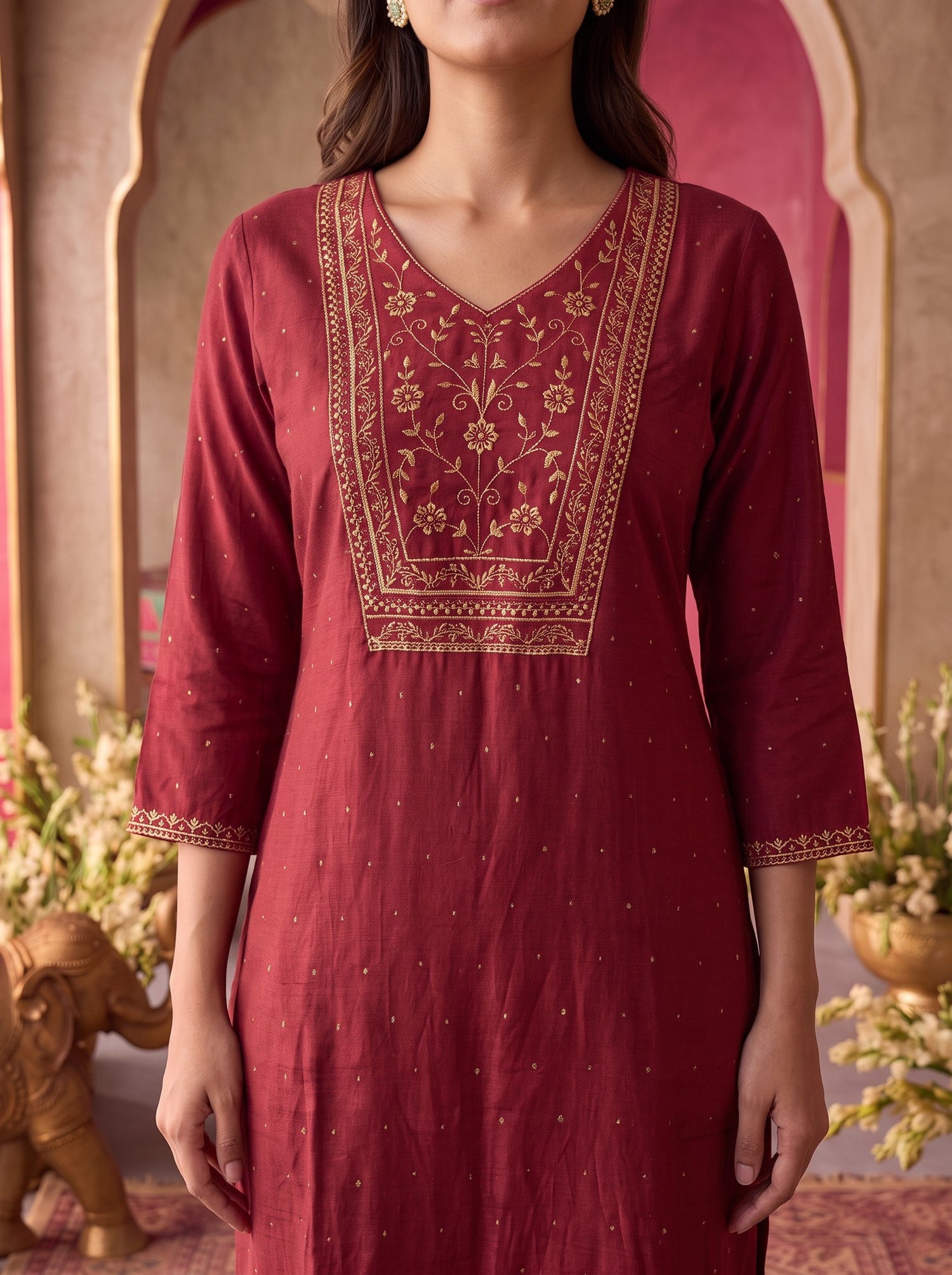 Buy Rayon Embroidered Straight Calf Length Kurta-Rust