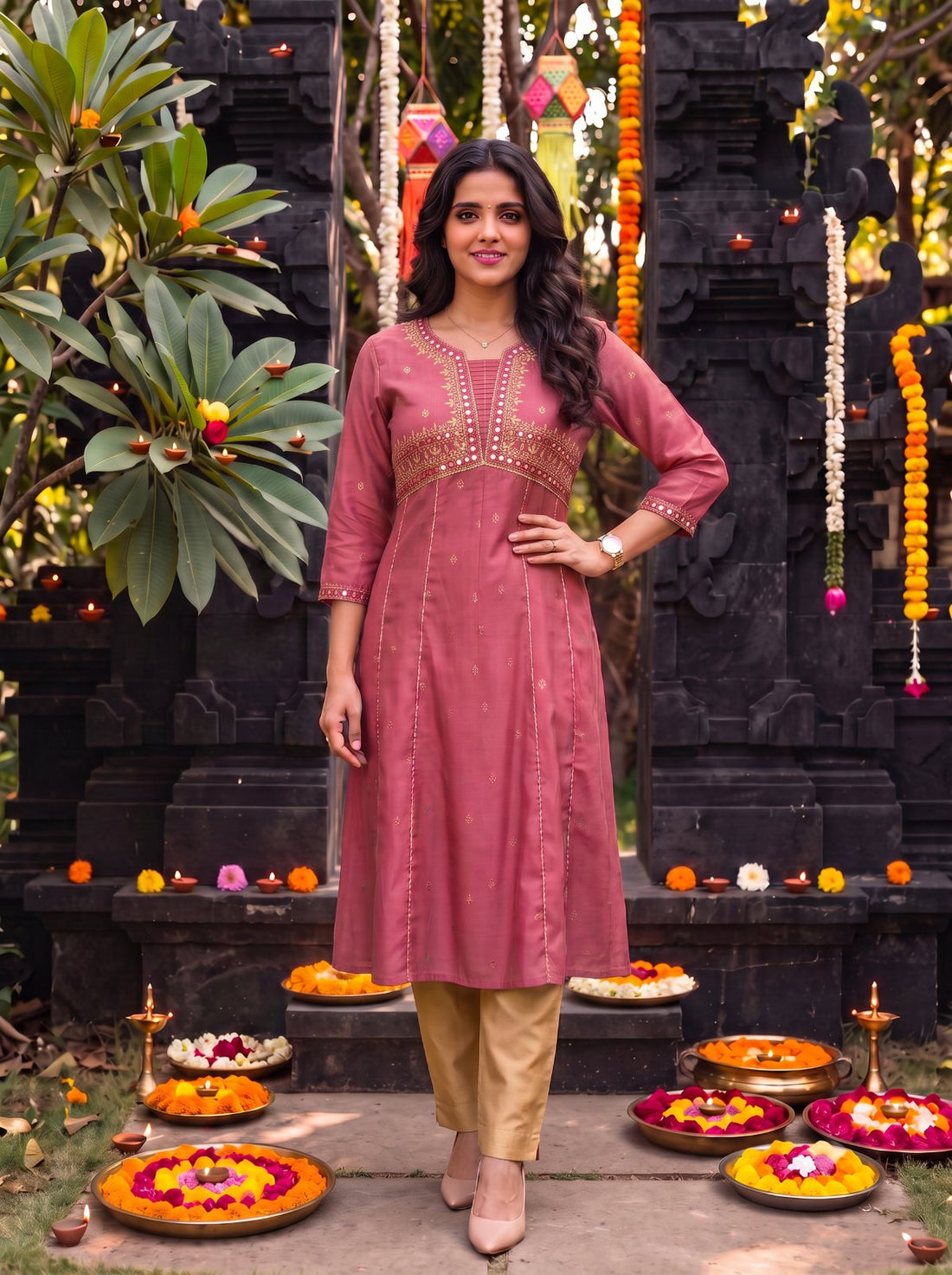 Buy Cotton Embroidered Flared Calf Length Kurta-Pink