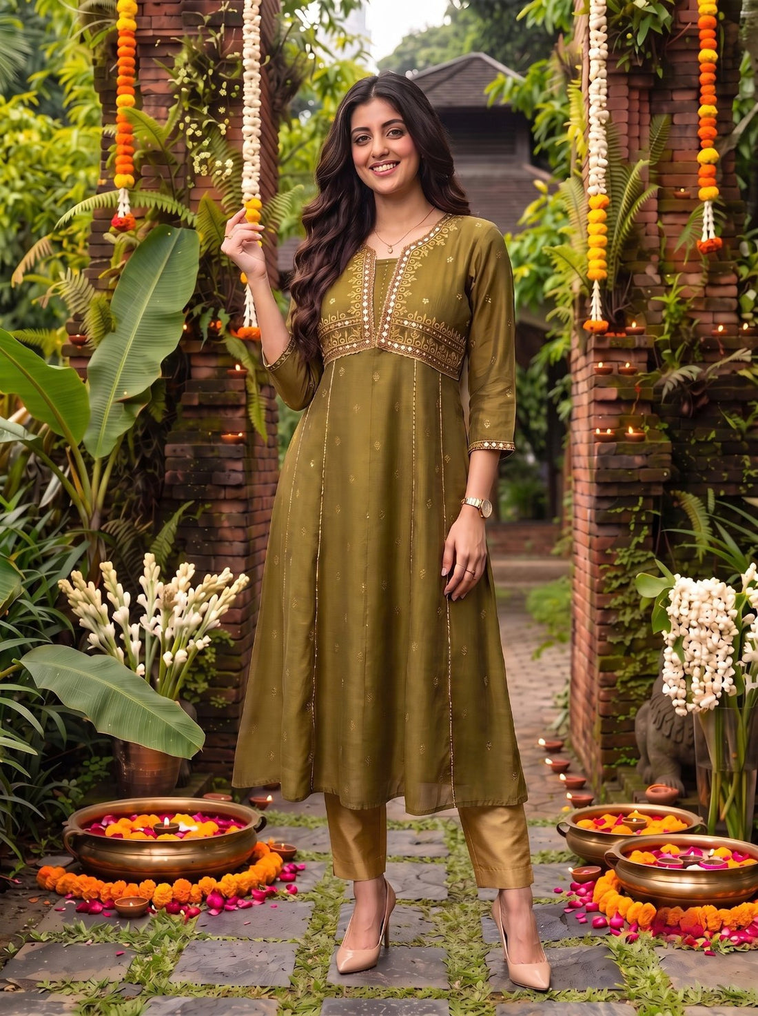 Buy Cotton Embroidered Flared Calf Length Kurta-Olive