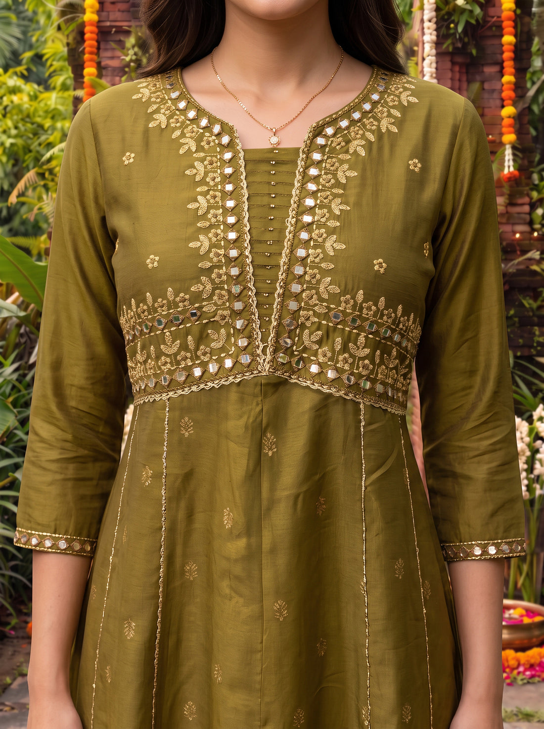 Buy Cotton Embroidered Flared Calf Length Kurta-Olive