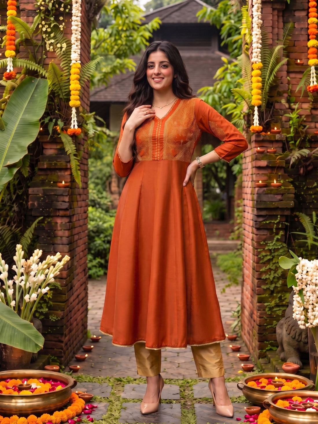 Buy Viscose Embroidered Flared Calf Length Kurta-Rust