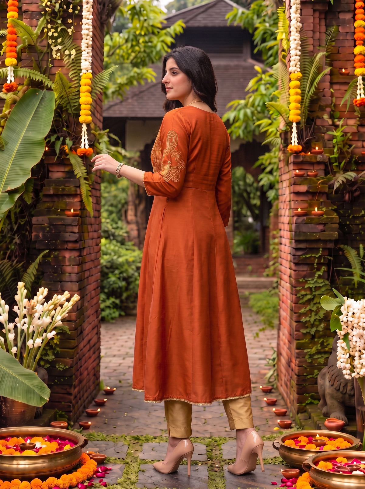 Buy Viscose Embroidered Flared Calf Length Kurta-Rust