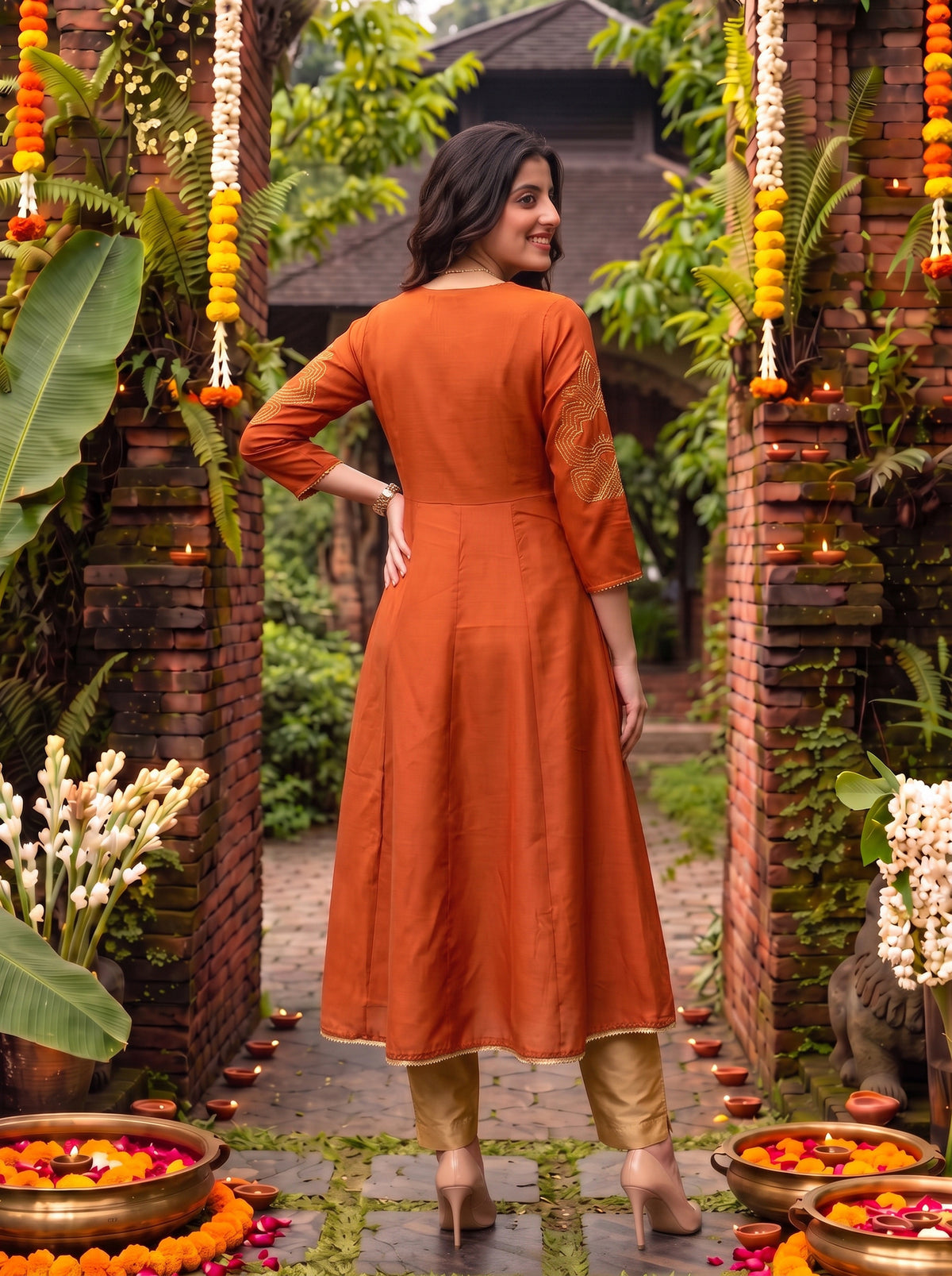 Viscose Embroidered Flared Calf Length Kurta