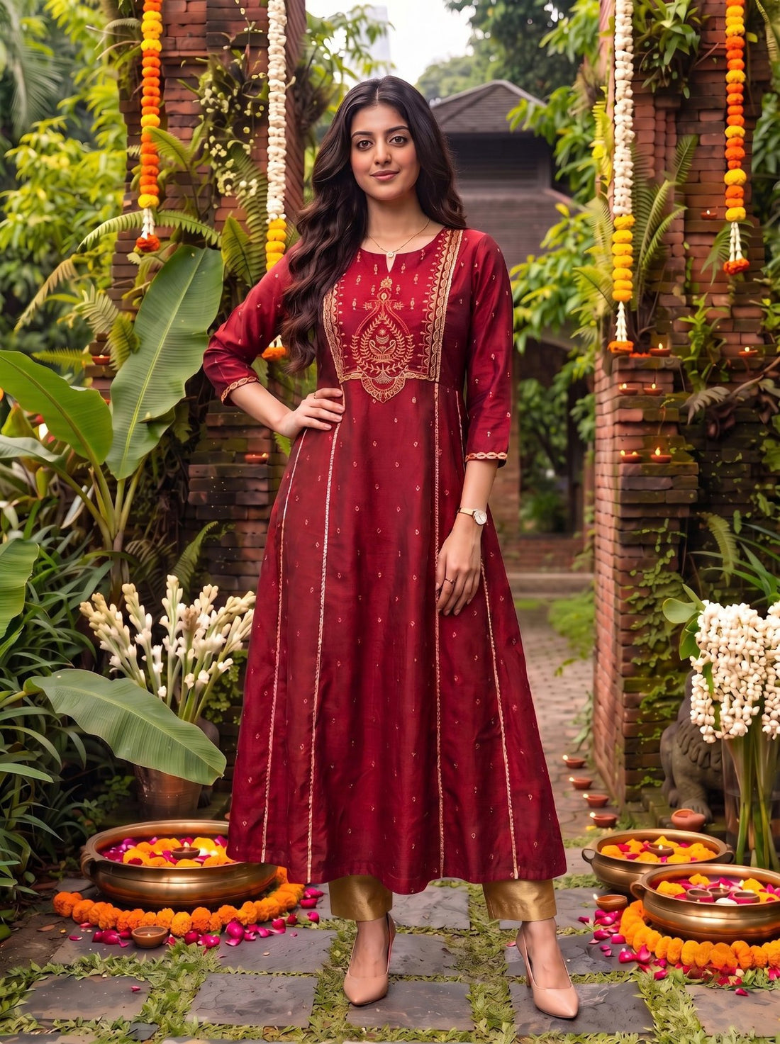 Buy Viscose Embroidered Flared Calf Length Kurta-Maroon