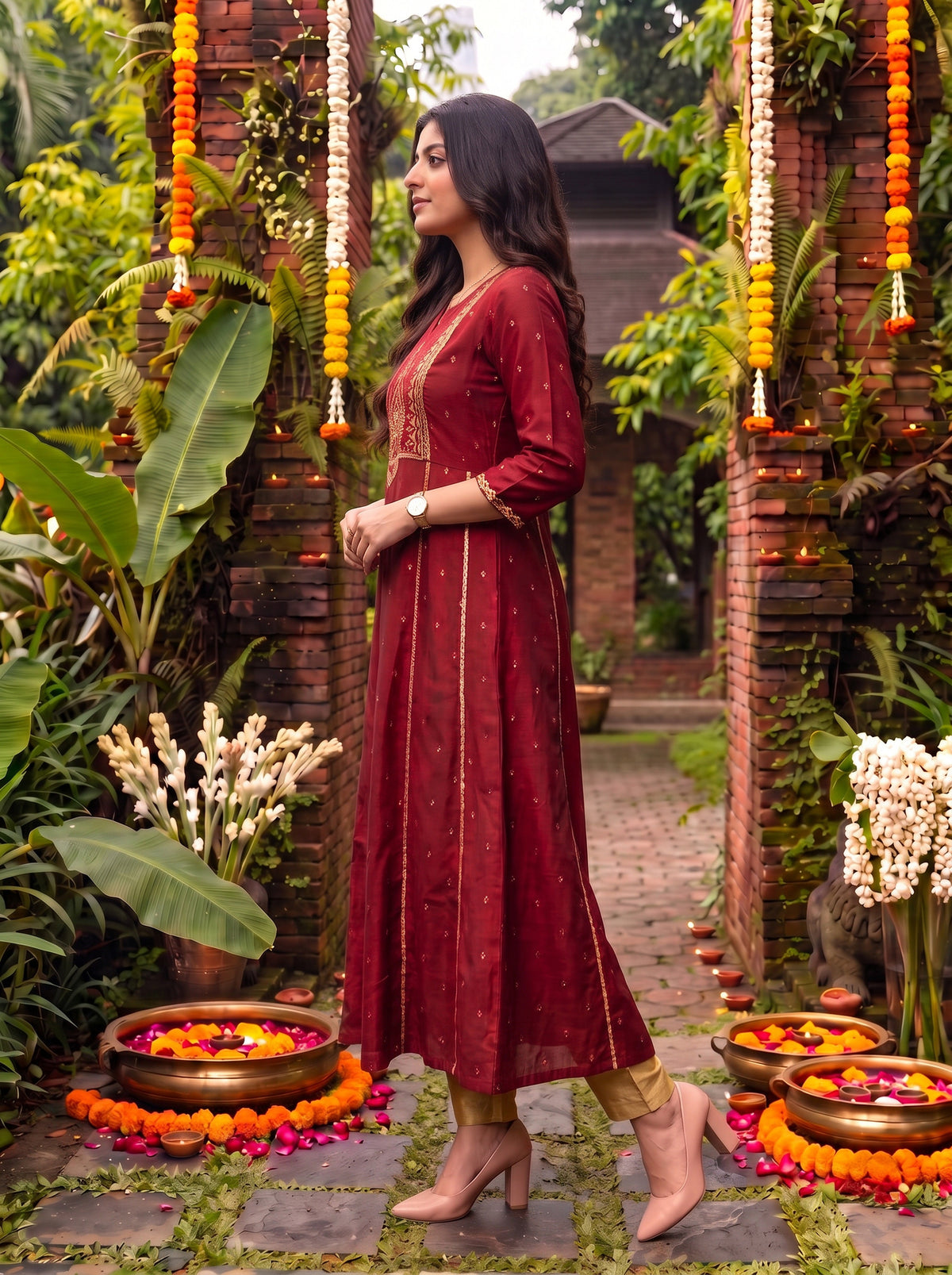 Viscose Embroidered Flared Calf Length Kurta