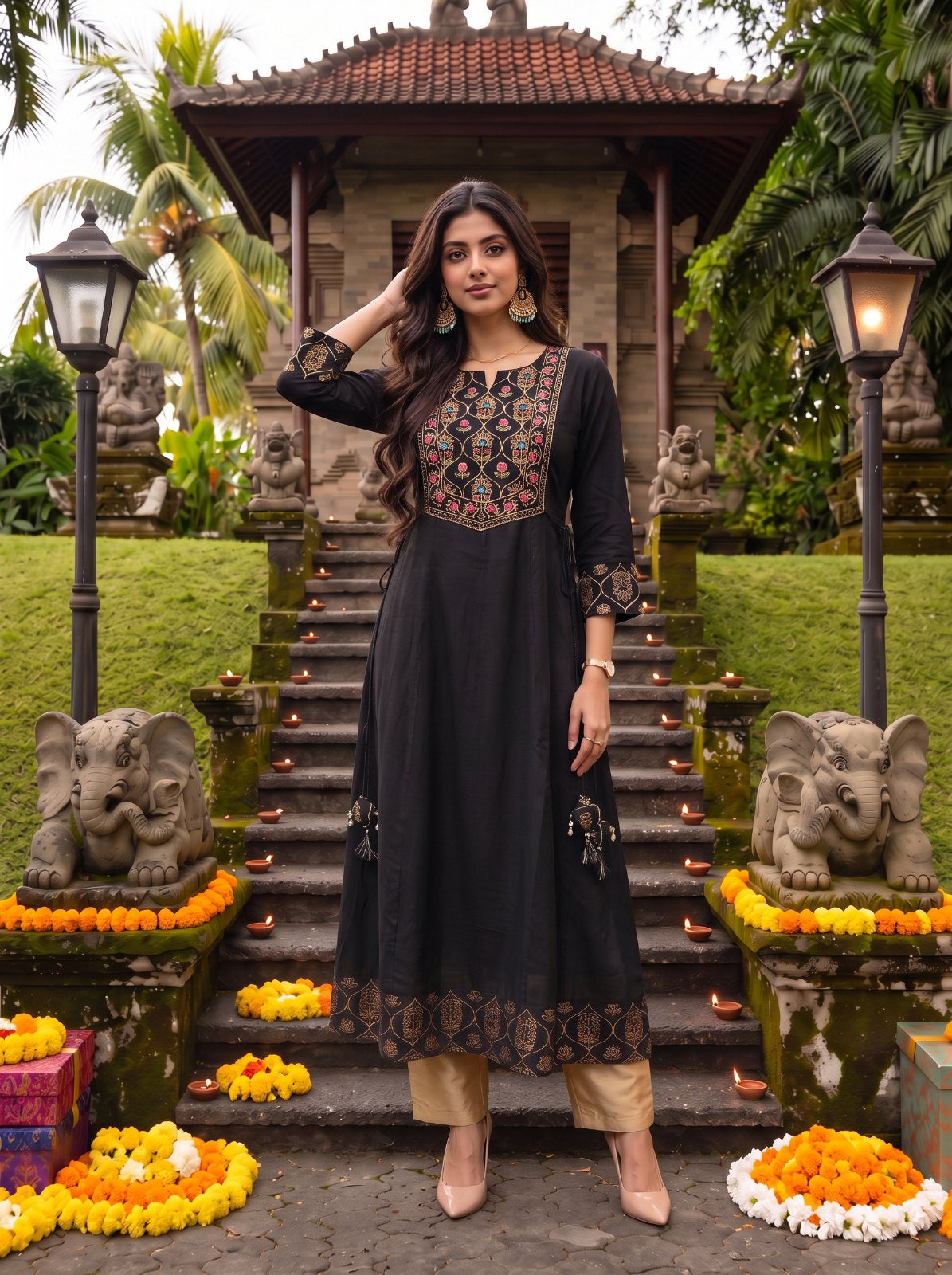 Buy Rayon Embroidered Flared Calf Length Kurta-Black