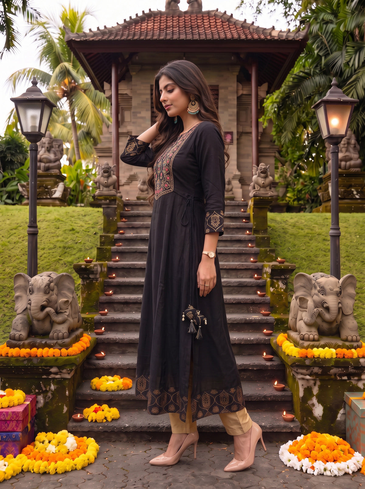 Rayon Embroidered Flared Calf Length Kurta